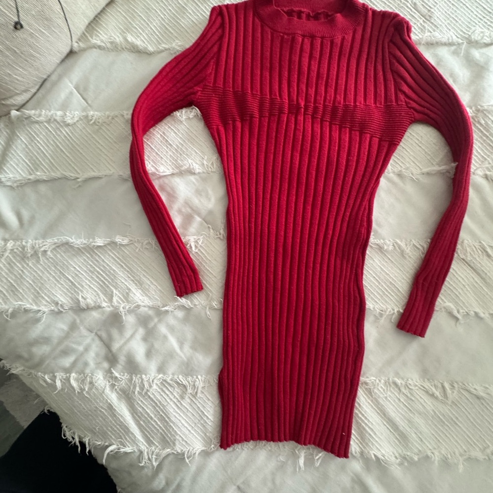 Ribbed Long Sleeve Bodycon Sweater Dress - Red